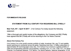 21st Century Fox statement Bill O'REilly