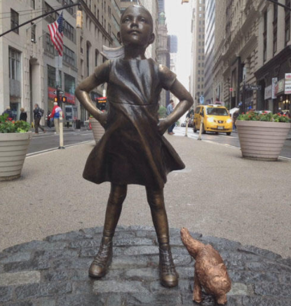 Dog pees on Fearless Girl