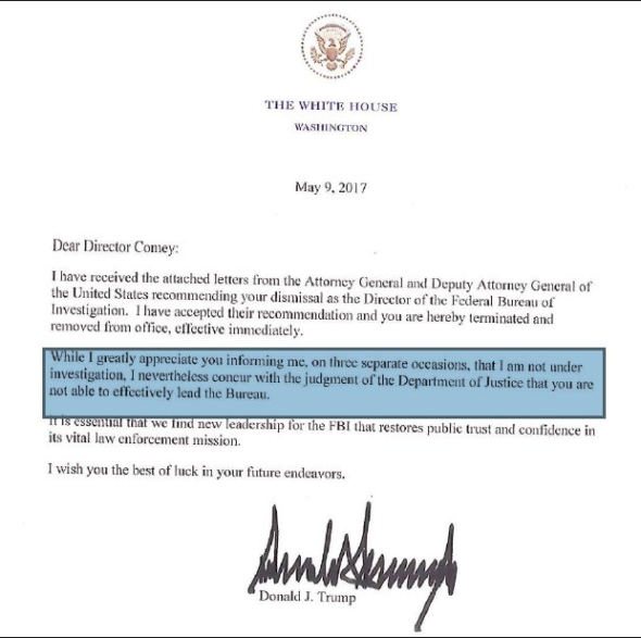 James Comey termination letter from Donald Trump