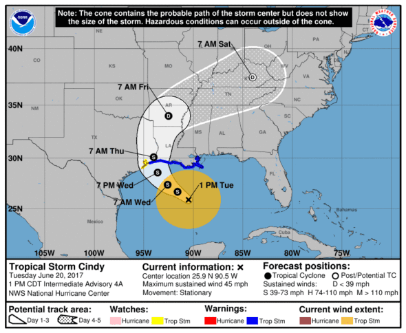 Tropical Storm Cindy forecast track and cone