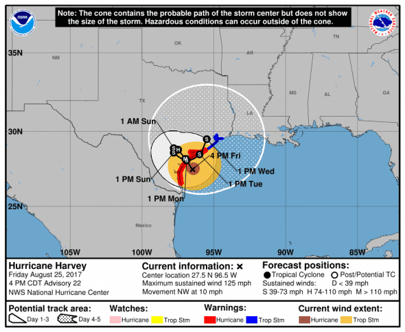 Harvey cone track and warnings 8-25-17 1600