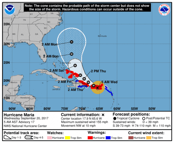 Hurricane Maria cone and track - 9-20-17 0500