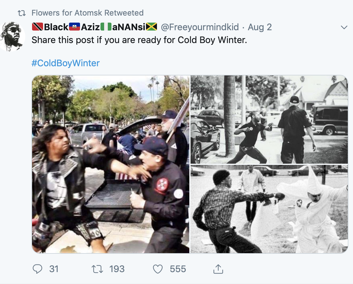The Twitter account re-tweeted photos and comments about anti-fascism. (Screenshot Twitter/@iamthespookster)