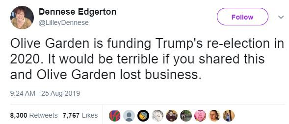 Dennese Edgerton boycott olive garden Tweet (screenshot / Wayback Machine)