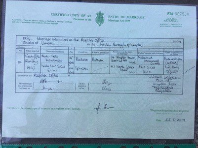 Leila Elmi marriage certificate / London records via David Steinberg