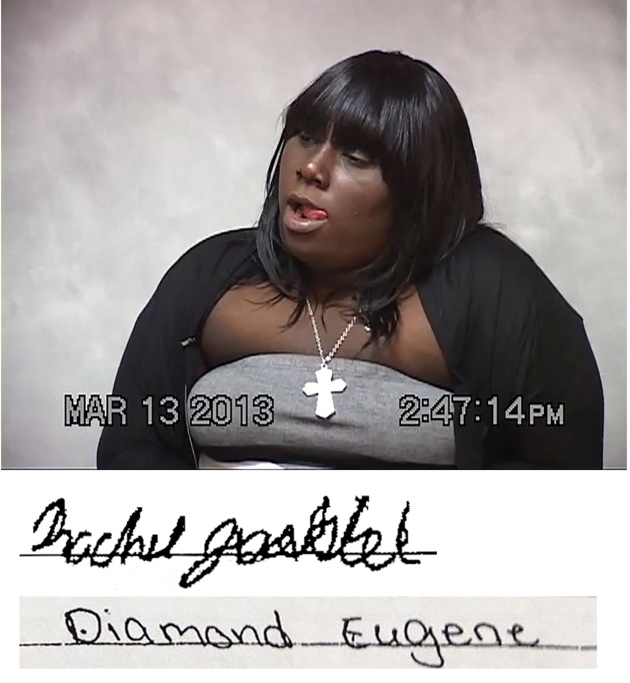 Rachel Jeantel, who testified in the Trayvon Martin case, and a comparison of her signature with that on a letter she says she signed (Joel Gilbert/The Trayvon Hoax)