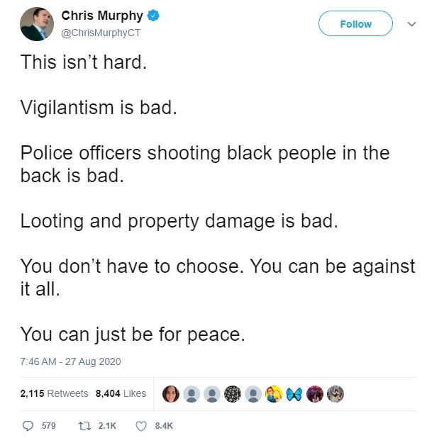 Sen. Chris Murphy's deleted tweet condemning looting. (Screenshot/Twitter)