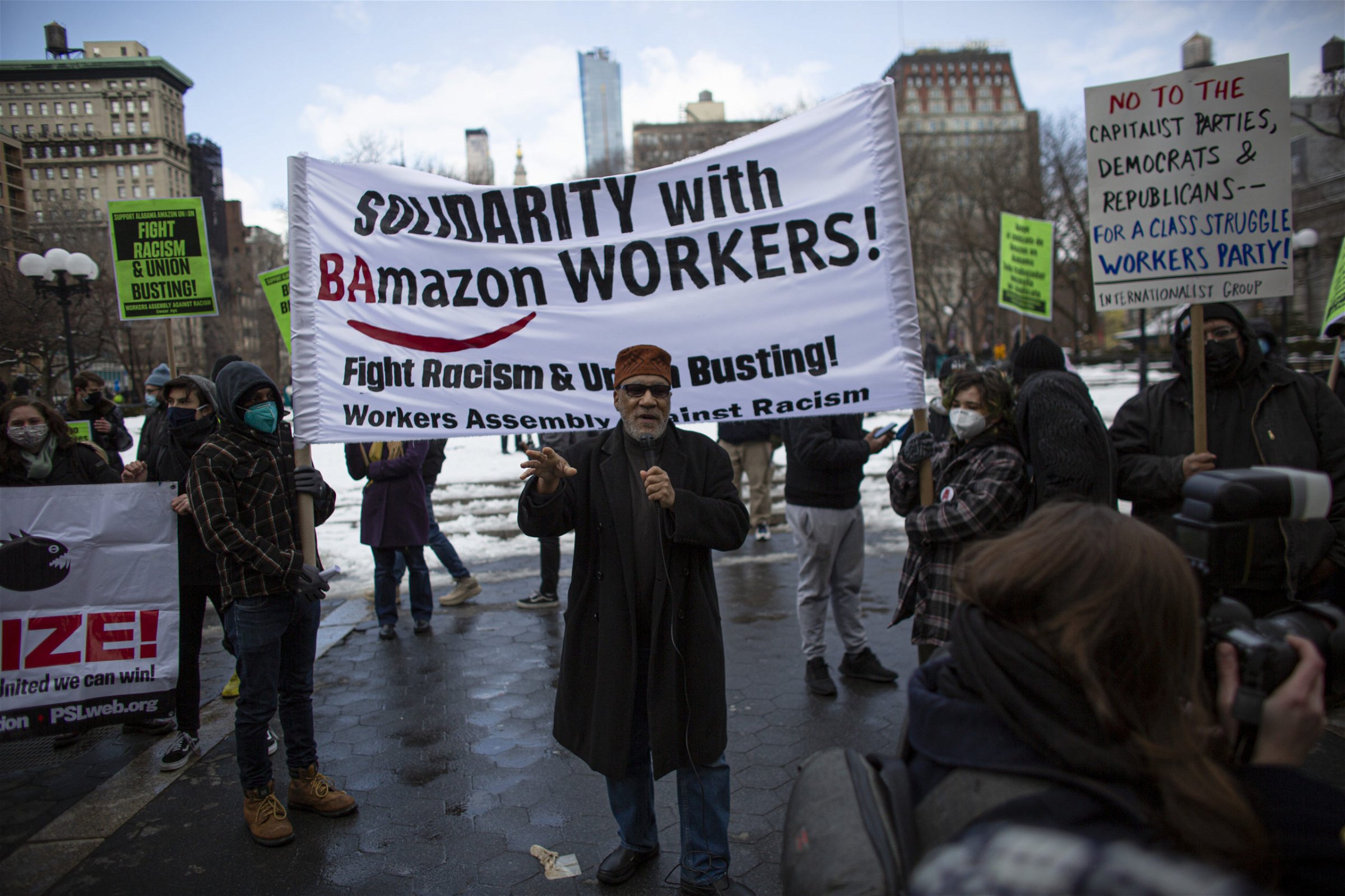 People gather during a protest in support of Amazon workers in Union Square, New York on Feb. 20. (Kena Betancur/AFP via Getty Images)
