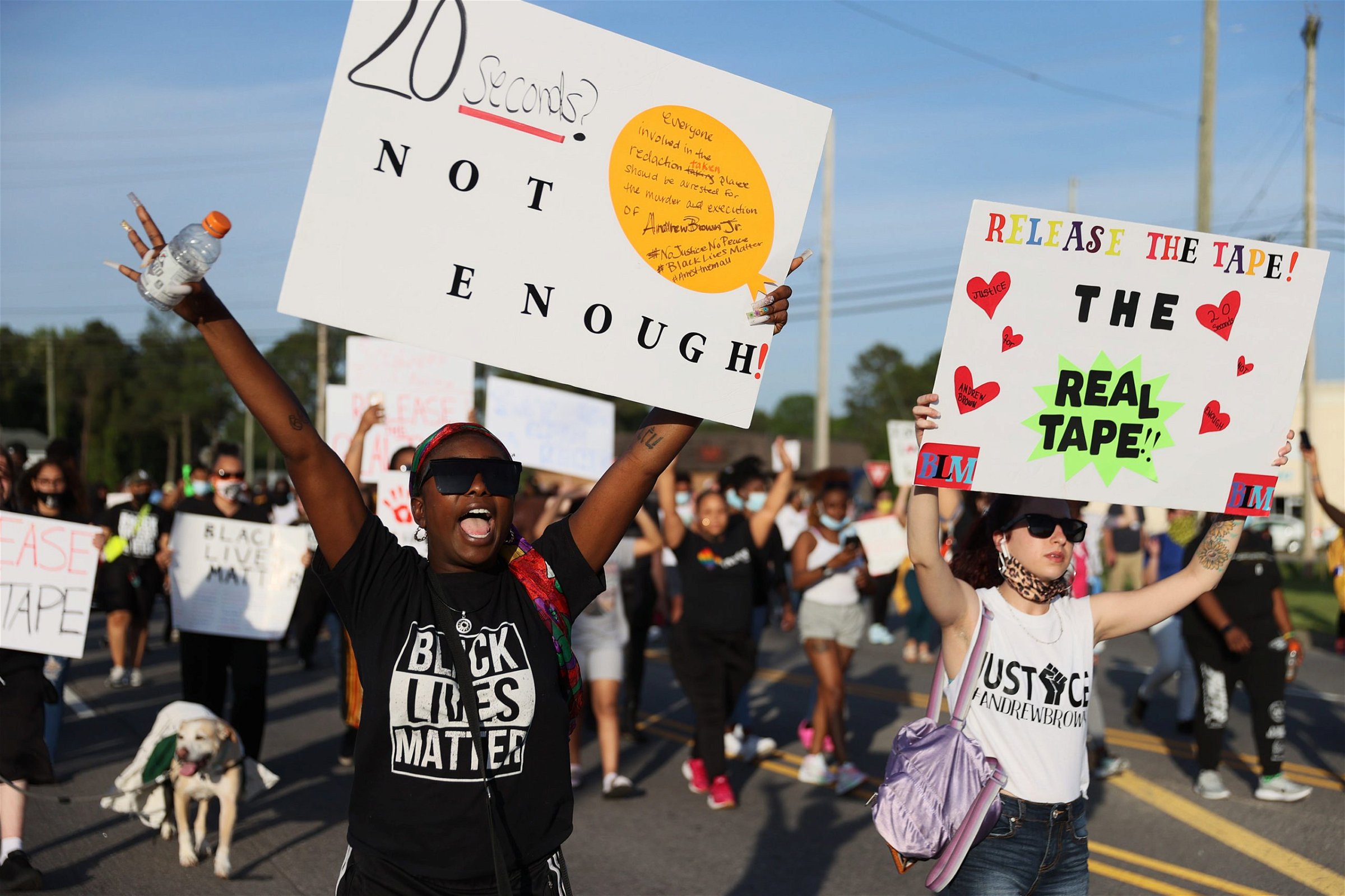Protesters march through the street calling for justice after the death of Andrew Brown Jr. on April 27, 2021 in Elizabeth City, North Carolina. (Photo by Joe Raedle/Getty Images)