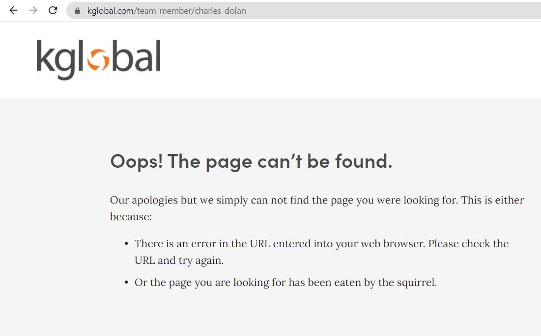 404 error message on kglobal's website when attempting to access Charles Dolan's profile. (Screenshot/kglobal/Daily Caller News Foundation)