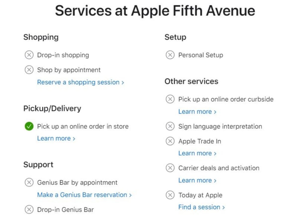 A screenshot of Apple's website for its Fifth Avenue location in New York City. Many of Apple's services, including in-person shopping, are unavailable. (Screenshot/Apple)