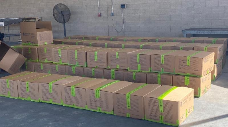 Boxes containing nearly 1,349 pounds of methamphetamine seized by CBP officers at Pharr International Bridge.