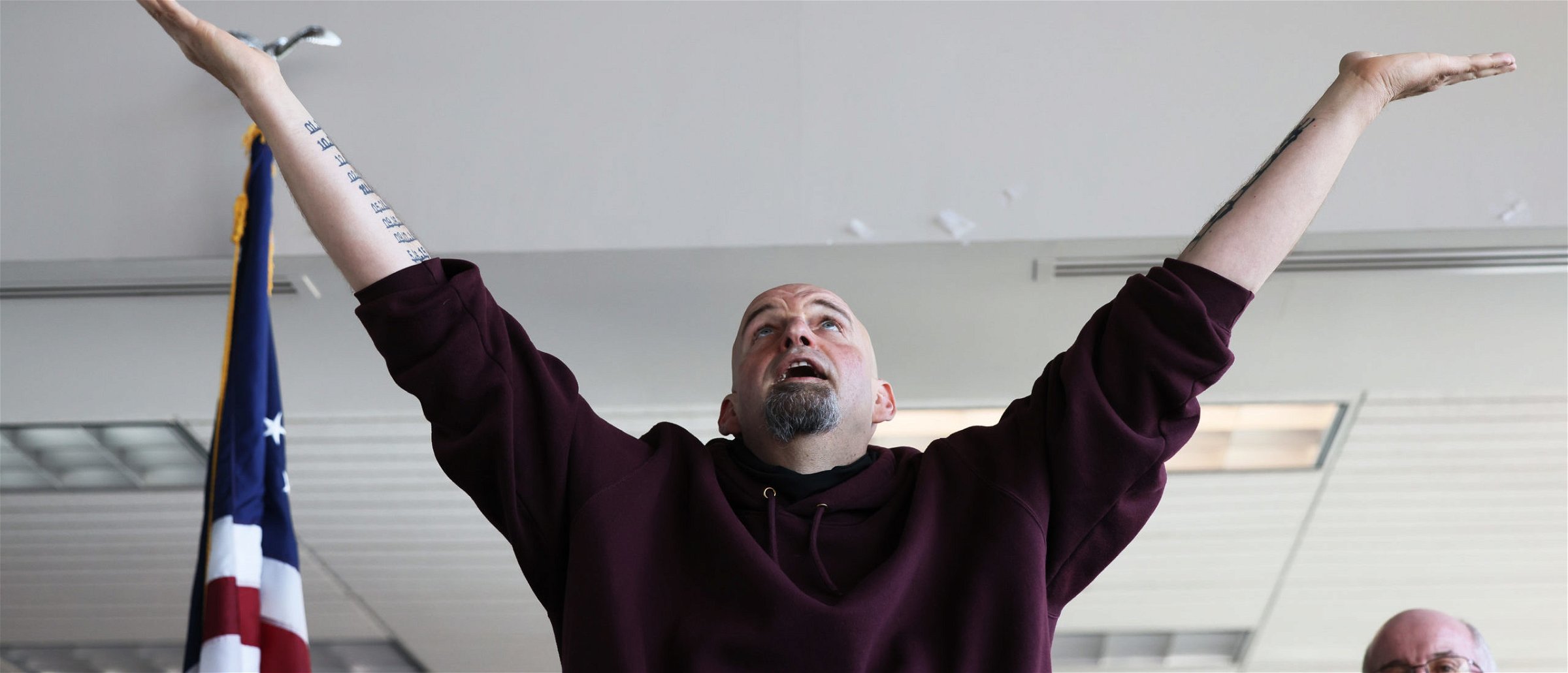 Pennsylvania Lt. Gov. John Fetterman campaigns for U.S. Senate at a meet and greet at Joseph A. Hardy Connellsville Airport on May 10, 2022 in Lemont Furnace, Pennsylvania. Fetterman is the Democratic primary front runner in a field that includes U.S. Rep. Conor Lamb and state Sen. Malcolm Kenyatta in the May 17 primary vying to replace Republican Sen. Pat Toomey, who is retiring. (Photo by Michael M. Santiago/Getty Images)