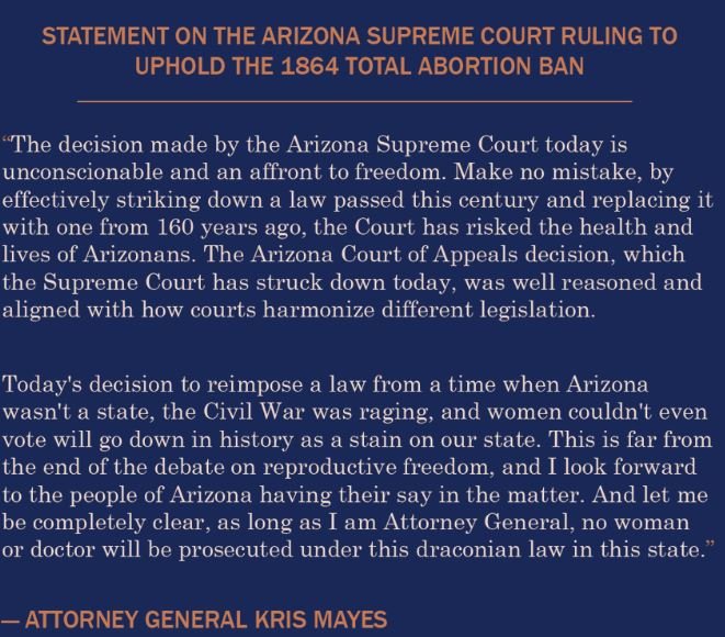 Arizona Attorney General Says She Won’t Enforce State Supreme Court Ruling Banning Abortion